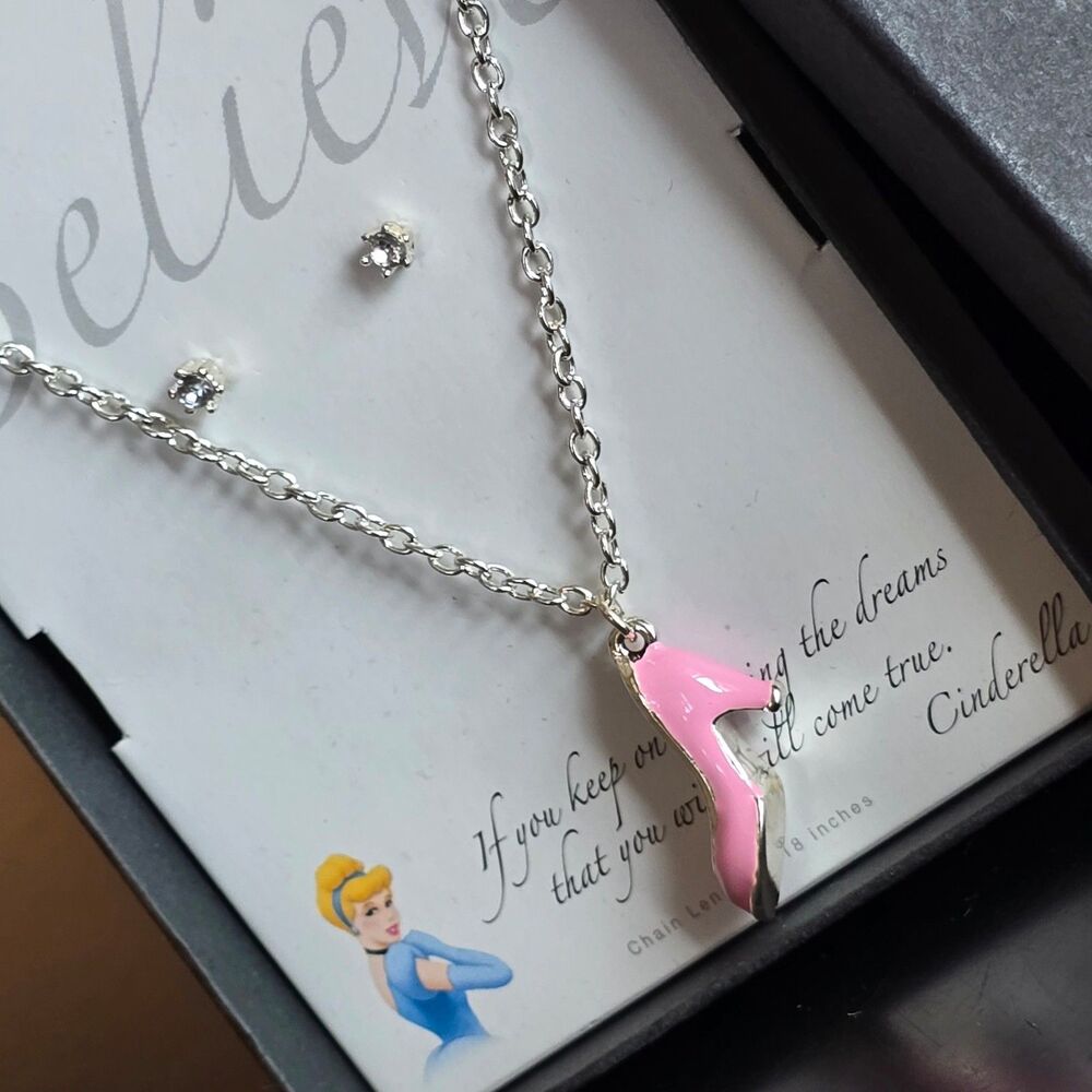 Disney Cinderella pink slipper necklace and earrings set princess believe
